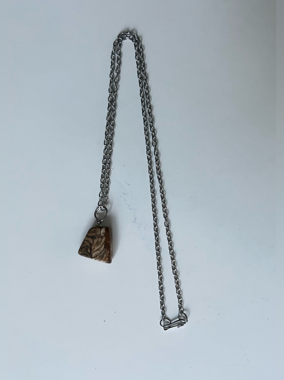 Silver-Tone Women Chain Necklace with Brown-Marbled Stone Pendant